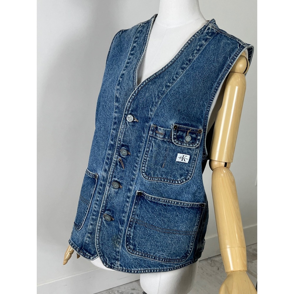 Vintage Calvin Klein Denim Utility Vest Blue Workwear Button Up Size M